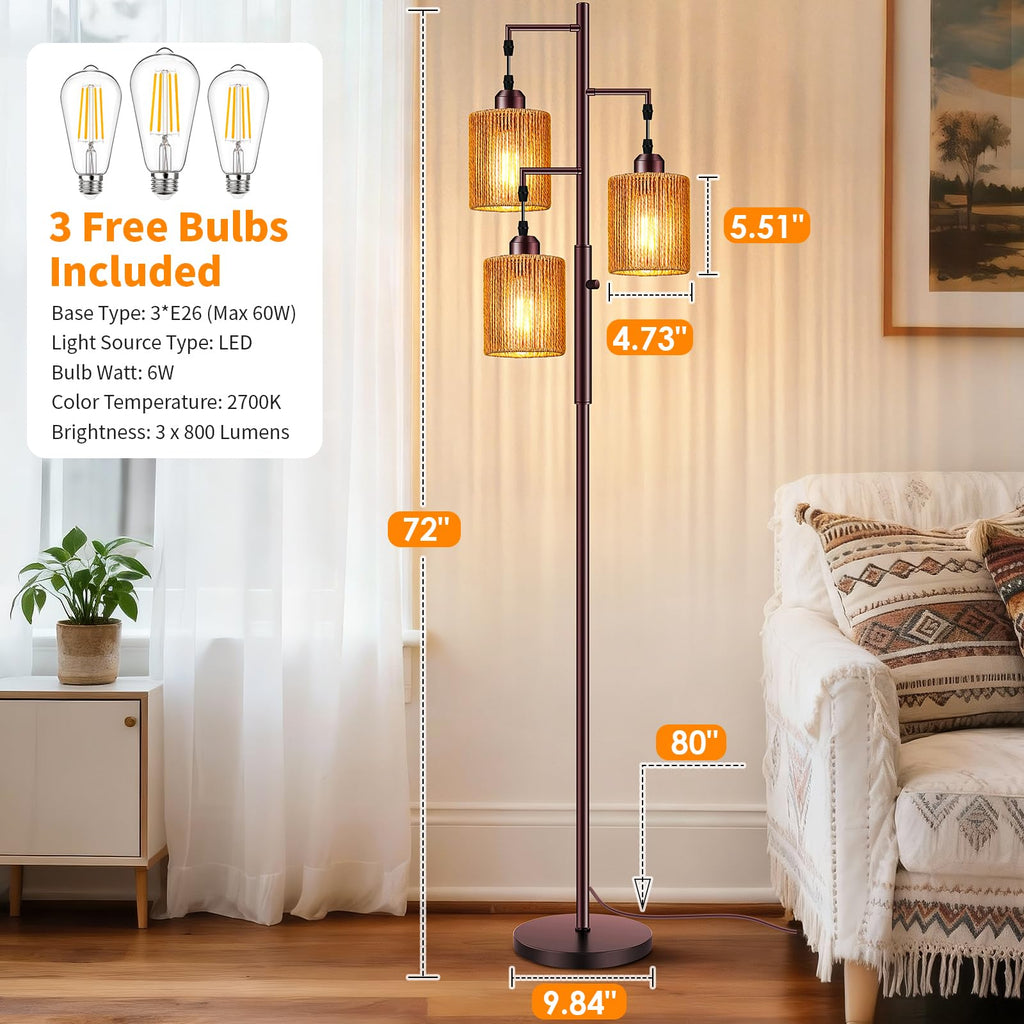 72" Boho Rattan Tree Floor Lamp, Tall Dimmable Industrial Standing Lamp, Corner Decor Accent Lighting, Cafe (3 x