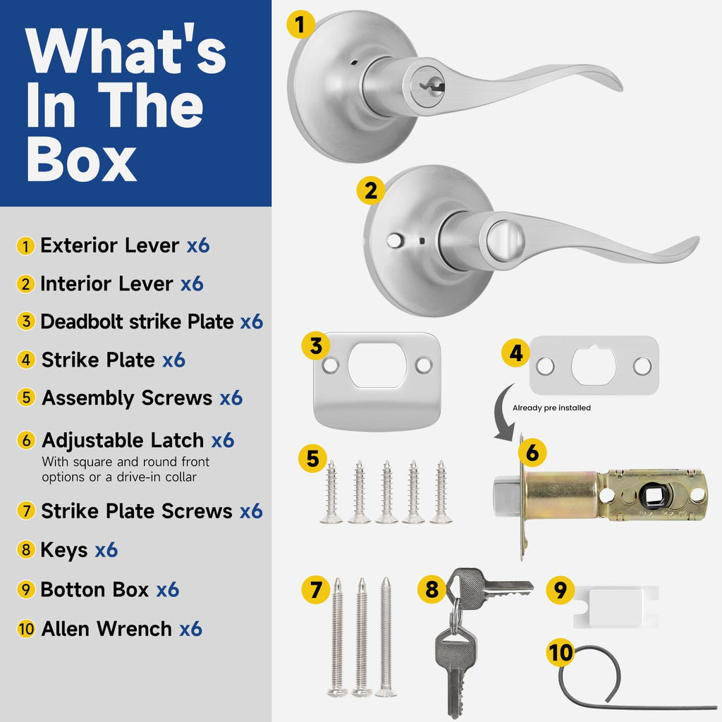 Keyed Entry Door Lever, Door Handle with Lock and Key, Exterior & Interior Door Handle , Wave Style Lever Satin