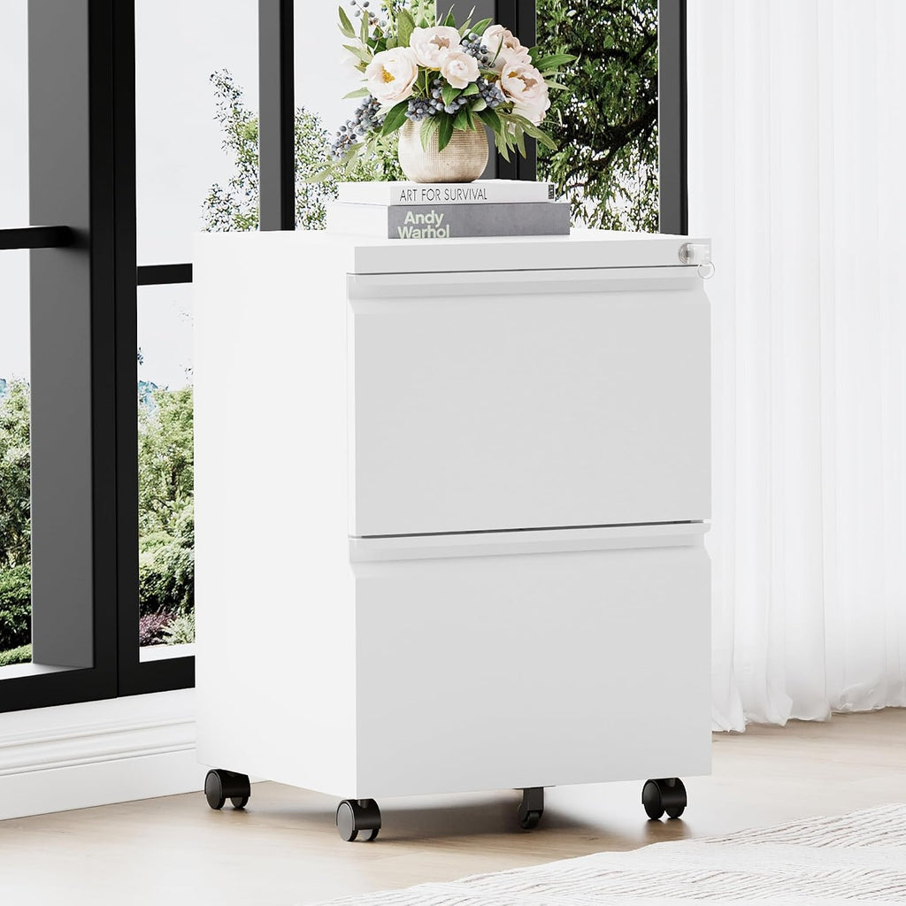 2 Drawer File Cabinet,Mobile Filing Cabinet with Lock and Wheels,Fully Assembled Metal Under Desk File Cabinets for