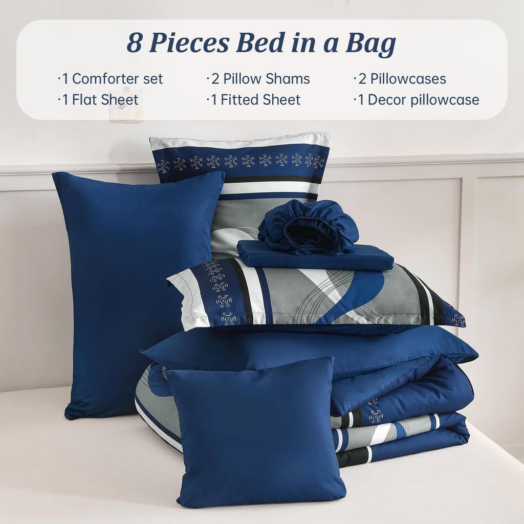 Comforter Set, Navy Blue Boho Bed in a Bag