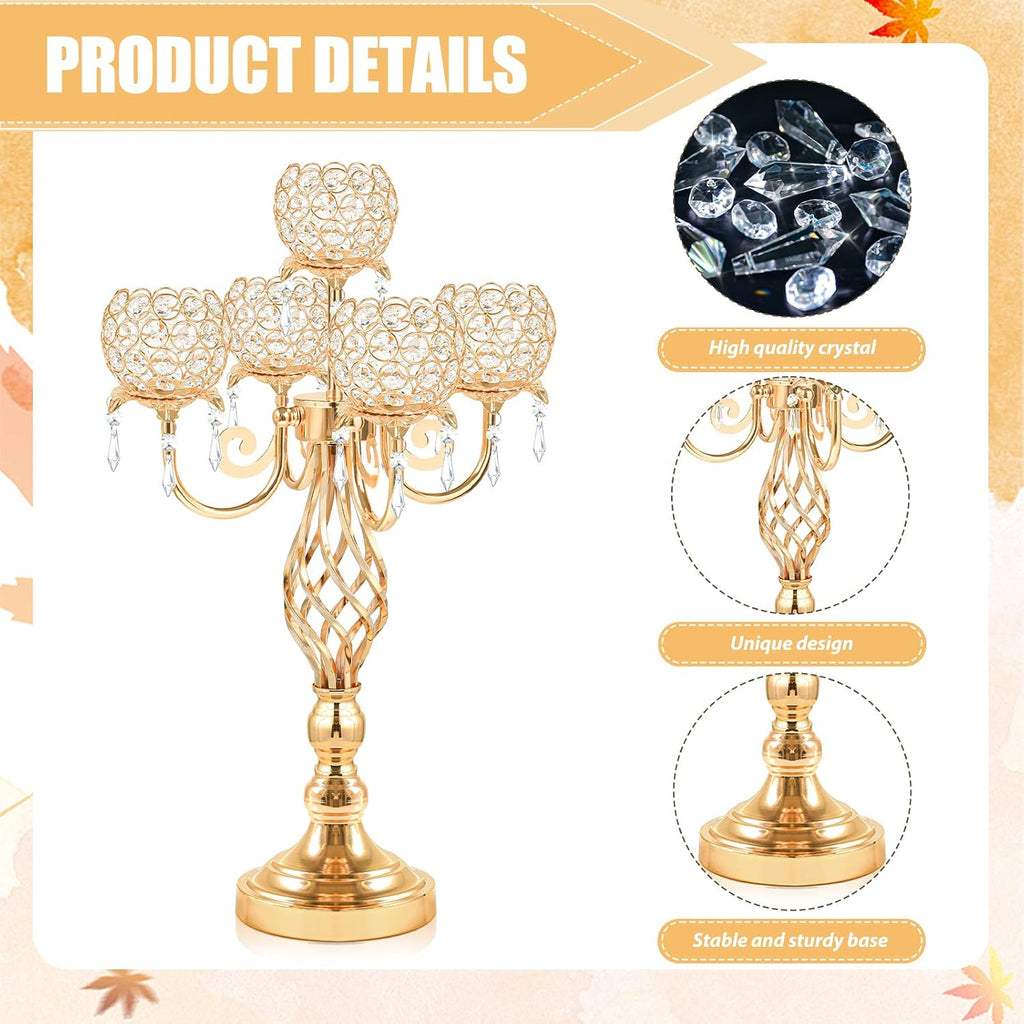 5-Arm Crystal Candelabra Centerpiece 23.2" Tall - Elegant Candle Holder Stand with Crystal Bowl, Chic Table Decor for Weddings, Parties, Anniversary & Home Decoration (2, Gold)