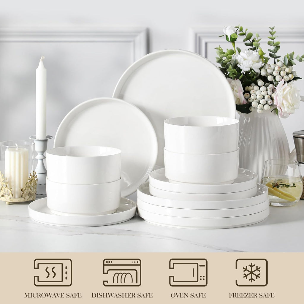 12 Pieces Porcelain Dinnerware Set, Modern White Dish Set for 4, Premium Serving Plates and Bowls Sets
