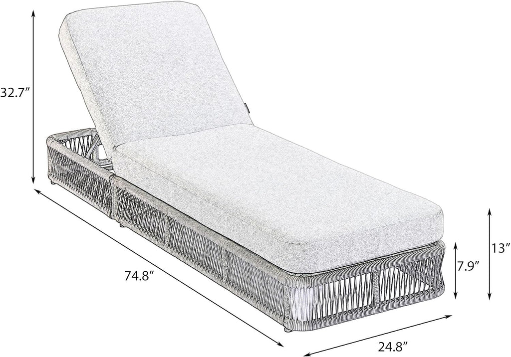 Outdoor Chaise Lounge Chair, Adjustable Backrest Patio Recliner, Woven Wicker Rope Reclining Pool Lounge Chair