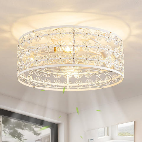 White Caged Ceiling Fan with Light and Remote, Modern Romantic Flower Crystal Ceiling Fans with Lights