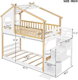 Wood Twin House Bunk Bed with Stairs, Kids Twin Bed Frame with Window and Roof
