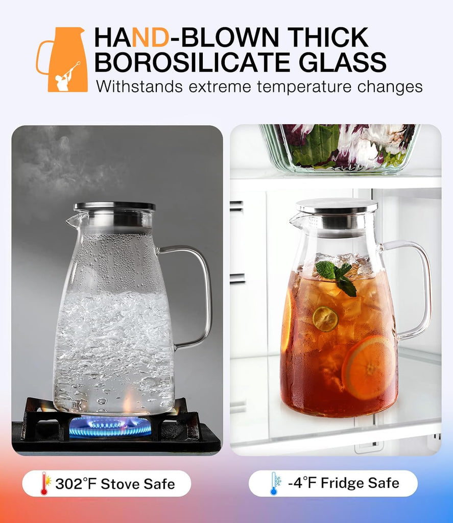 Glass Pitcher with Lid, 2 Liter 68oz Water Pitcher with Handle and Spout for Fridge, Borosilicate Glass for Iced Tea