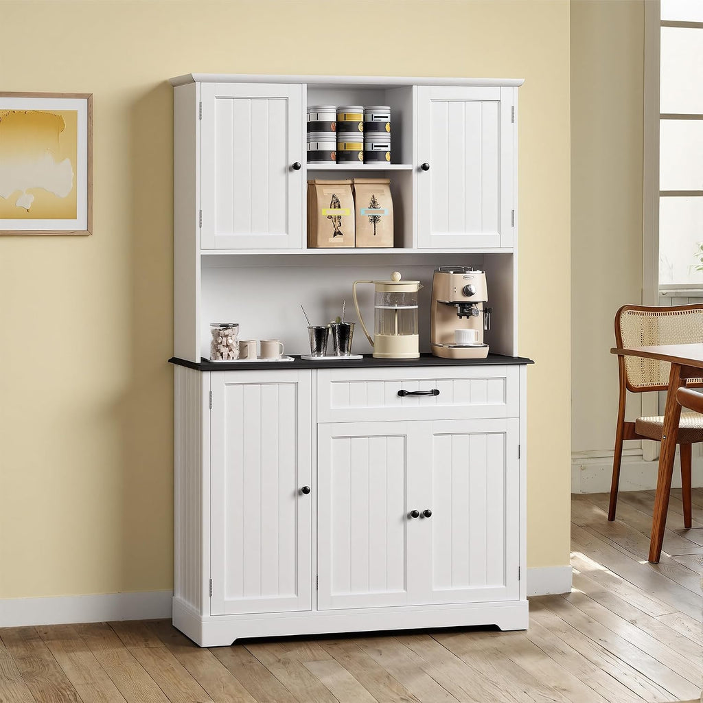 Tall Kitchen Storage Cabinet with Door and Shelves White and Black | Kitchen Pantry Cabinet with Storage 67" Large