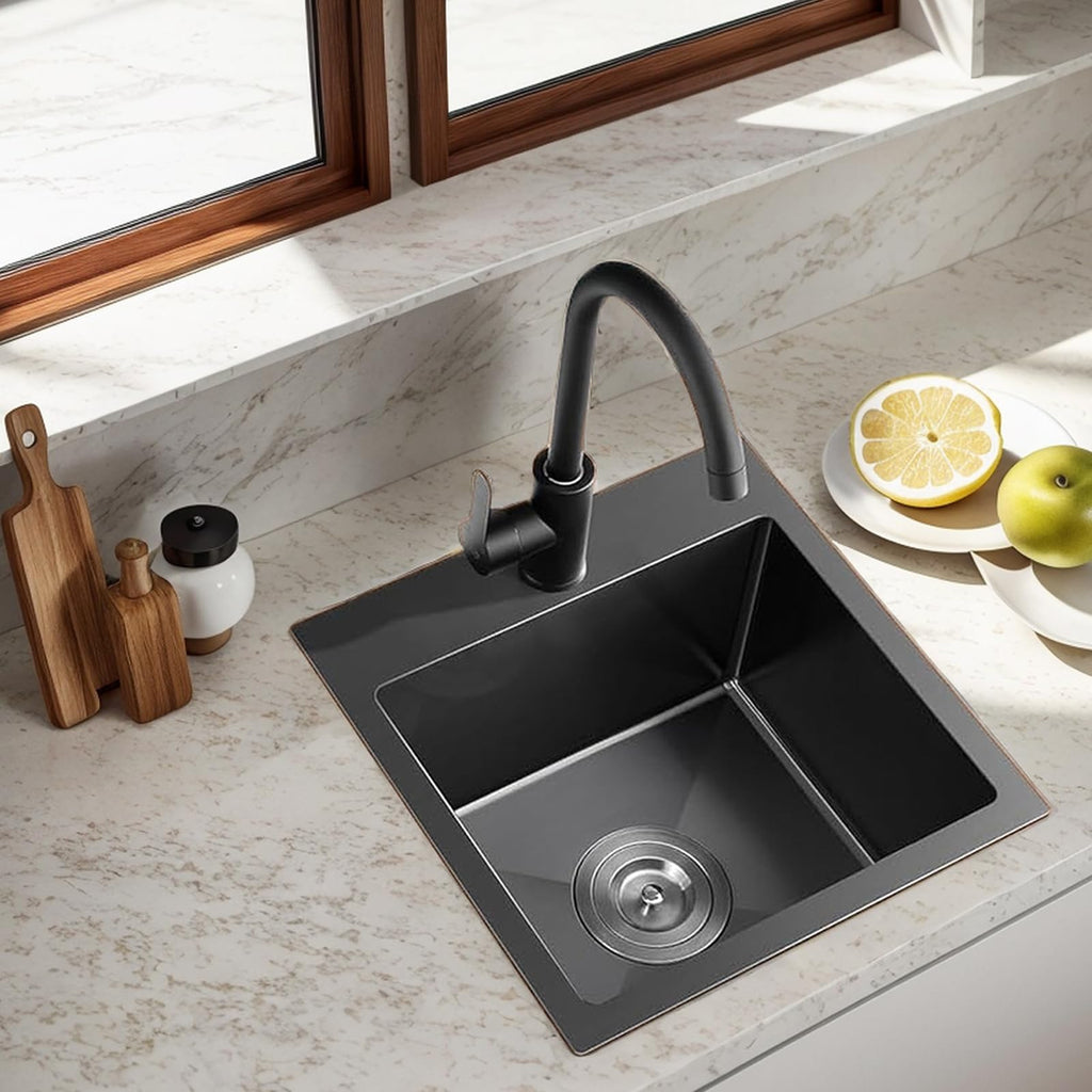 18x18 Inch Drop in Black Bar Sink, Top Mount Handmade 16 Gauge Stainless Steel Small Black Kitchen Sink, 9 Inch Deep