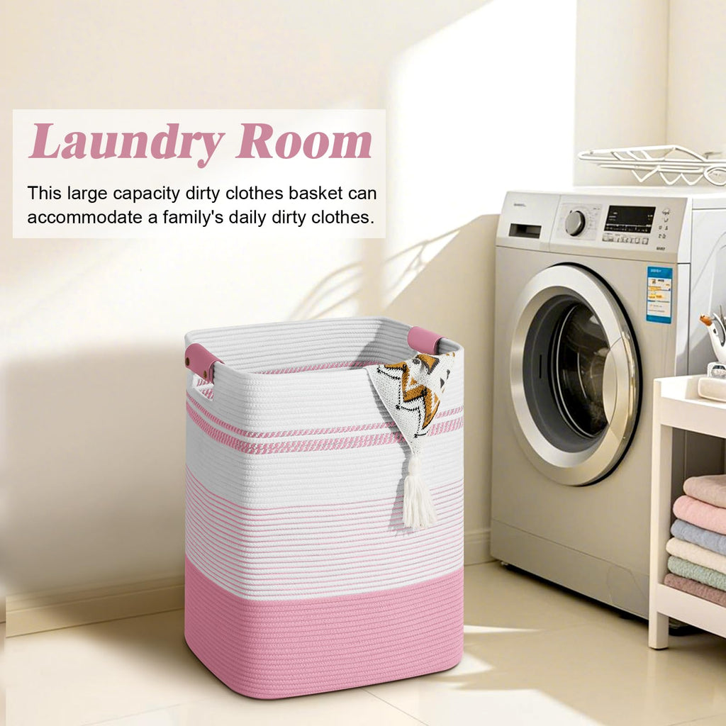 Laundry Hamper, 85L Tall Laundry Basket with Leather Handles, Rectangle Large Clothes Hamper for Organizing, Cotton