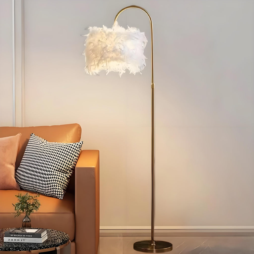 Arc Feather Floor Lamp, Gold Modern LED Feather Standing Lamp, Natural Feather Decorative Tall Lamp with Foot Switch