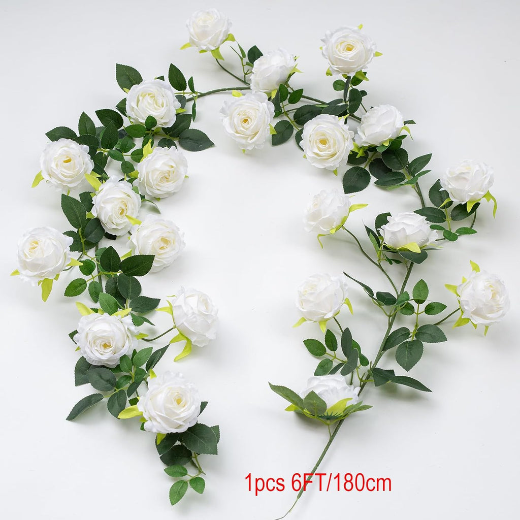 12Ft Bendable Flower Garland Faux Rose Vine for Wedding Decor,White - Set of 2