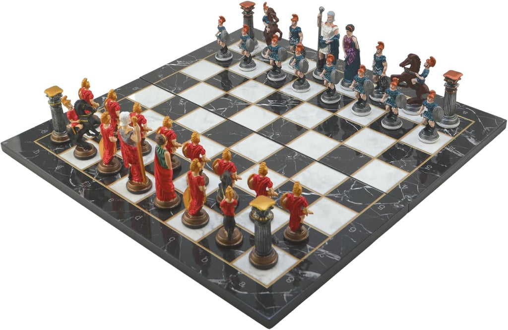 Metal Chess Set,Historical Rome Figures,Handmade Painted Chess Pieces with Marble or Mosaic Design Wooden Chess Board - Set of 32