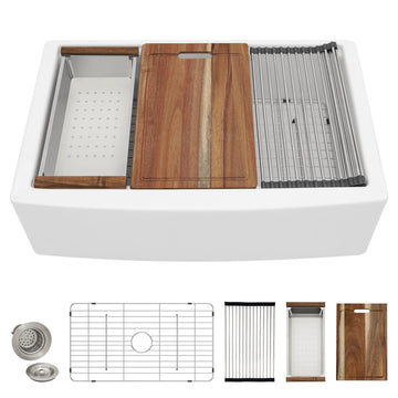 33 Inch White Farmhouse Sink Workstation - Curved Apron Farm house Front, High-Gloss Fireclay Porcelain Ceramic Farm