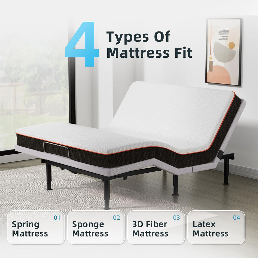 Heavy Duty King Adjustable Bed Frame, Wireless Remote, Dual USB Ports,Ergonomic Upholstered Bed Frame, Lift Motor