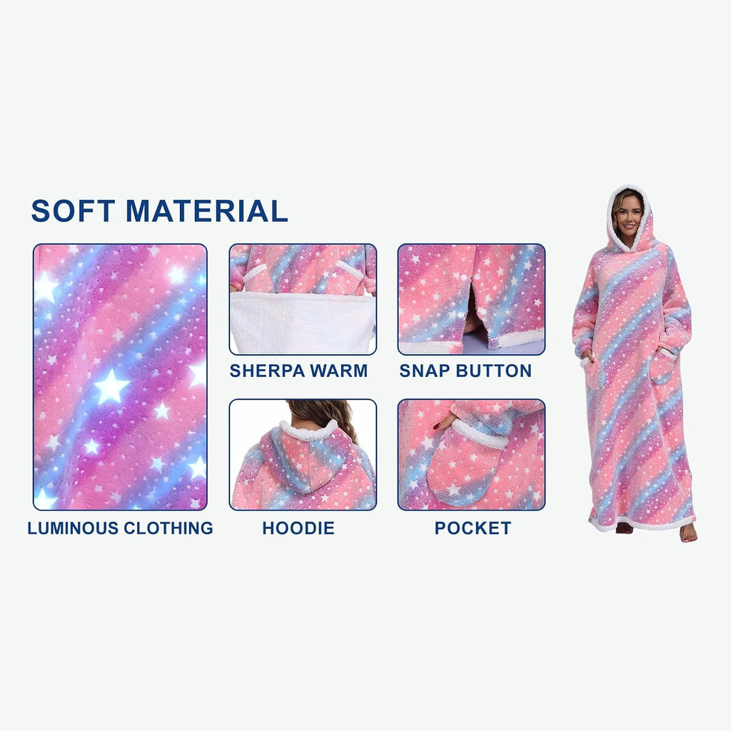 Oversized Wearable Hooded Blanket with Print Glow in The Dark Long Size(59in) Sherpa Warm Sweatshirt for Women