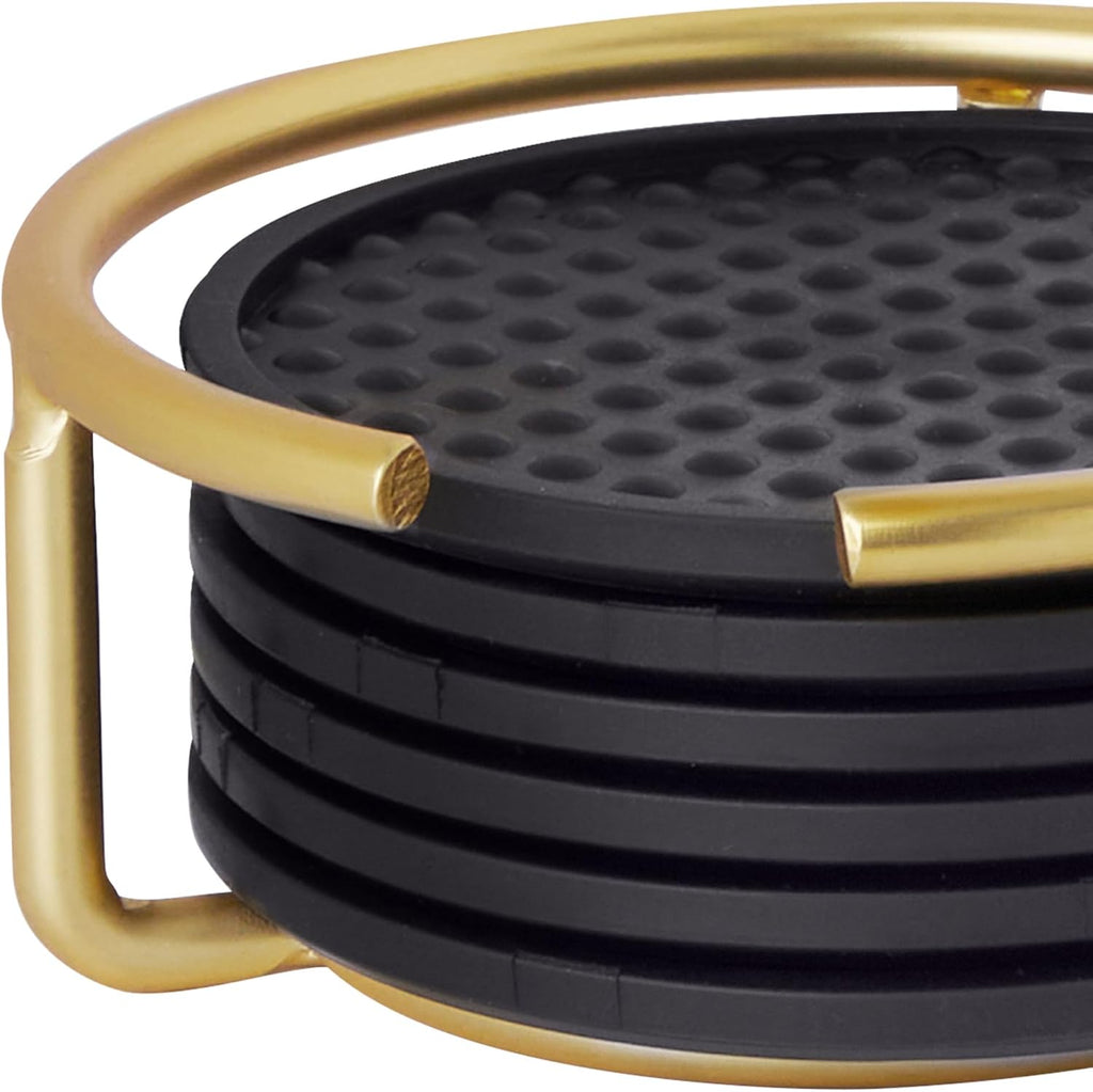 Absorbent Coasters with Holder Gold Modern Table Drink Coasters for Table Protection, Absorbent Silicone - Set of 6