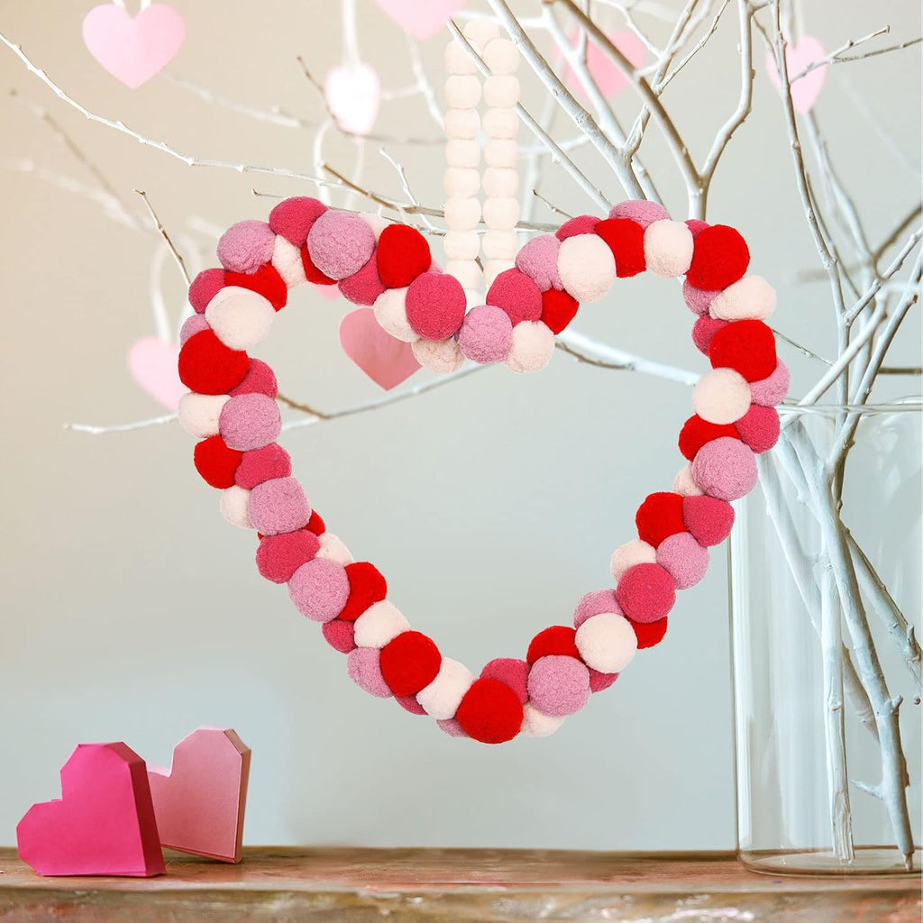 Valentine's Day Felt Pom Pom Wreath - 10 Inch Heart Shape Style Front Door Decor