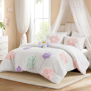 Kids Full Comforter Set for Girls, Tufted Chenille Floral Comforter Set Queen, Lightweight Polka Dot Reversible Bed