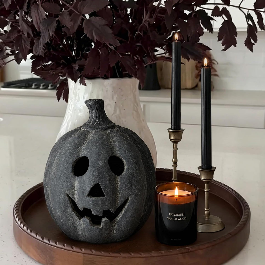 Halloween Decorations - Black Handmade Terracotta Jack O Lantern Pumpkin