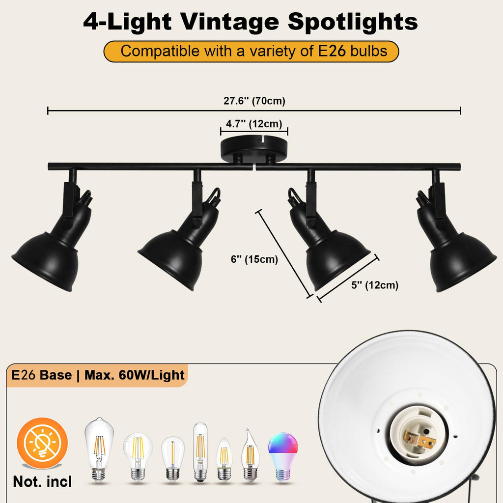 Track Lighting Fixtures Ceiling Black, Adjustable 4-Light Spotlight
