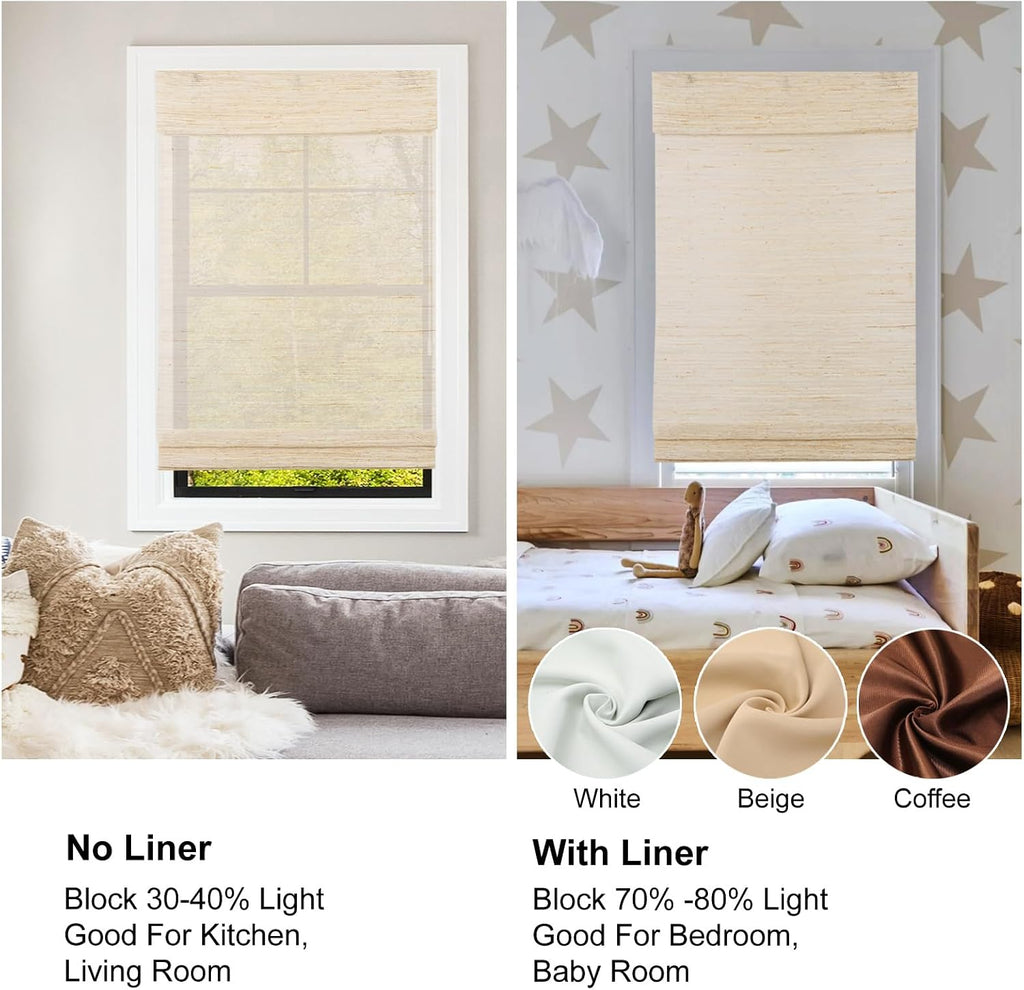 Bamboo Roman Shades, Cordless Custom Woven Wood Shade, Natural Light Filtering Natural Bamboo Shades for Doors