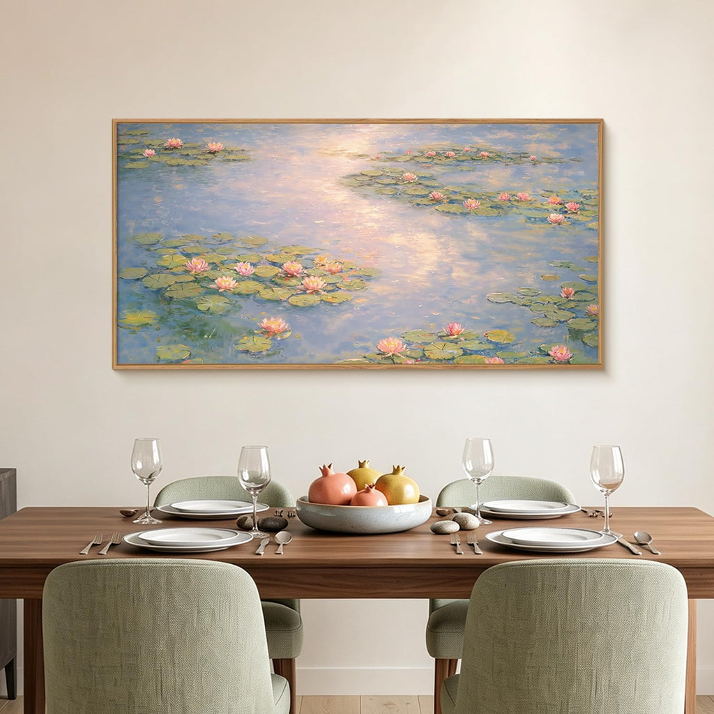 Large Monet Lilies Pond Framed Canvas Wall Art Set, Impressionist Landscape Wall Decor, Floral Garden Art
