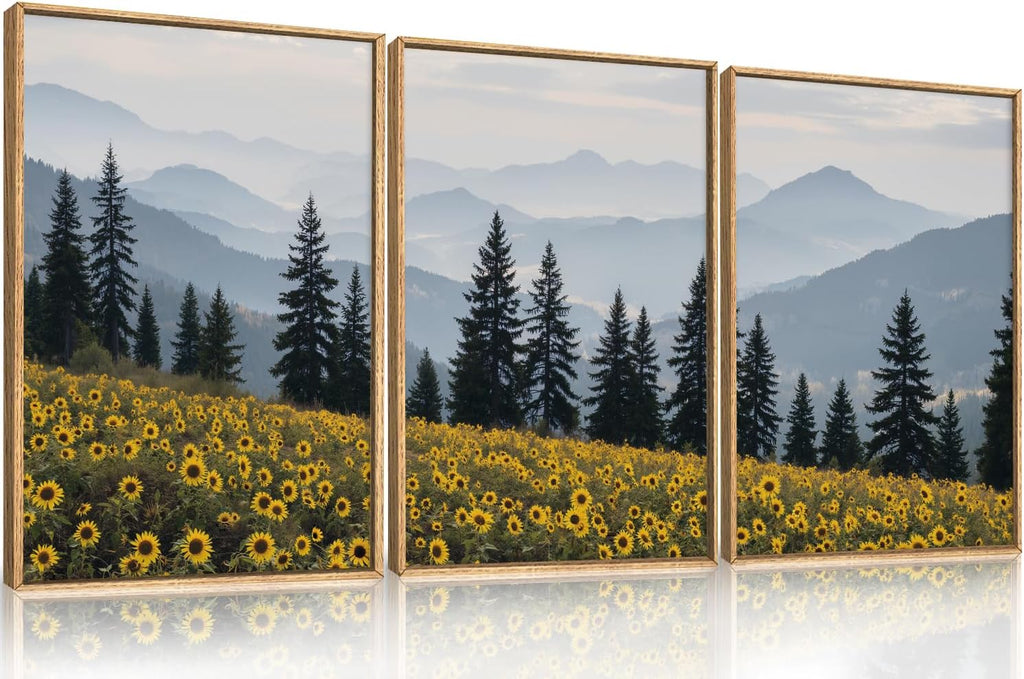 Large Boho Wildness Sunflowers Framed Canvas Wall Art Set, Nature Pine Tree Mountain Wall Decor, Misty Forest