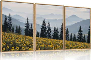 Large Boho Wildness Sunflowers Framed Canvas Wall Art Set, Nature Pine Tree Mountain Wall Decor, Misty Forest