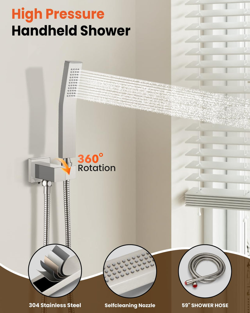 Shower Faucet Set with Handheld Spray Brushed Nickel, 12'' Head