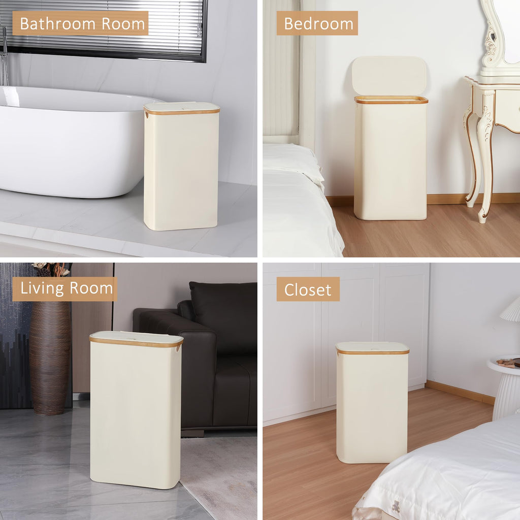 65L Slim Laundry Hamper, Narrow Laundry Basket with Lid,Foldable Clothes Hamper with Bamboo Handles,Hamper Basket