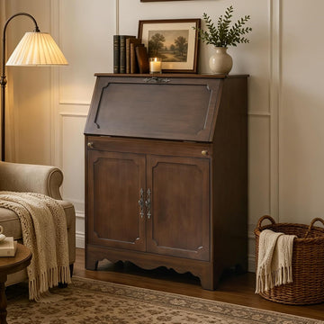 Vintage Storage Cabinet with Flip Down Desk, Wood Accent Cabinet with Adjustable Shelf and Hidden Workspace, Entryway