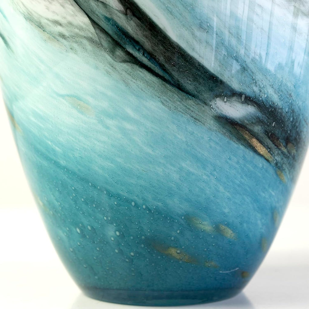 11" H Teal Glass Vases for Flowers, Unique Hand Blown Glass Vase Blue Home Decor, Wide Mouth Colorful Flower Vase
