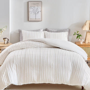 White Boho Duvet Cover Set Queen, Striped Textured Tufted Bedding Set, 3 Pcs Ultra Soft Washed Microfiber with Zipper