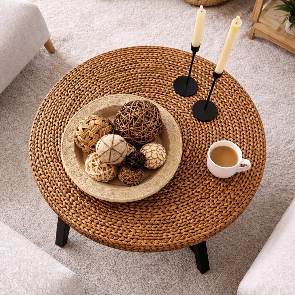 32 Inch Round Coffee Table, Handwoven Seagrass Coffee Table with Solid Pine Wood X Base, Natural Boho Coastal
