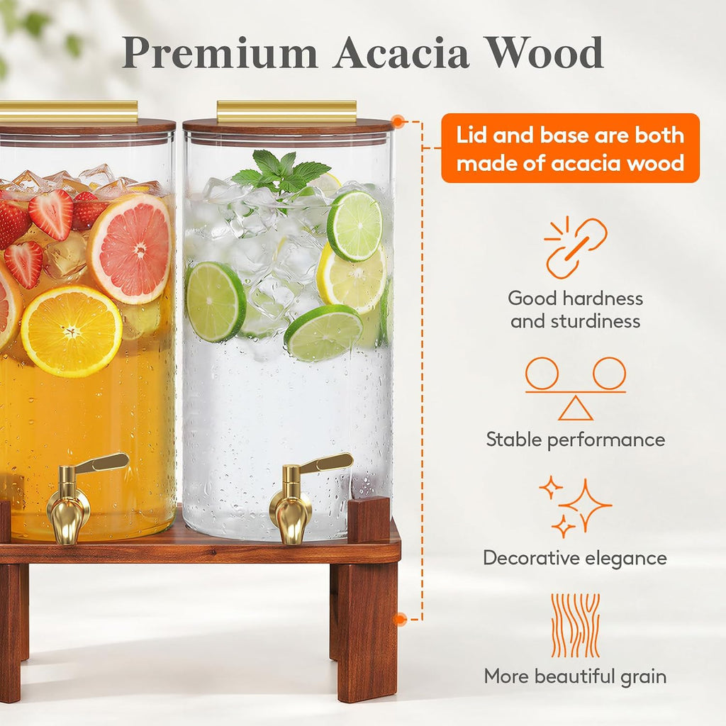 1.5 Gallon Glass Drink Dispenser with Wood Stand & Leakproof Spigot - Set of 2