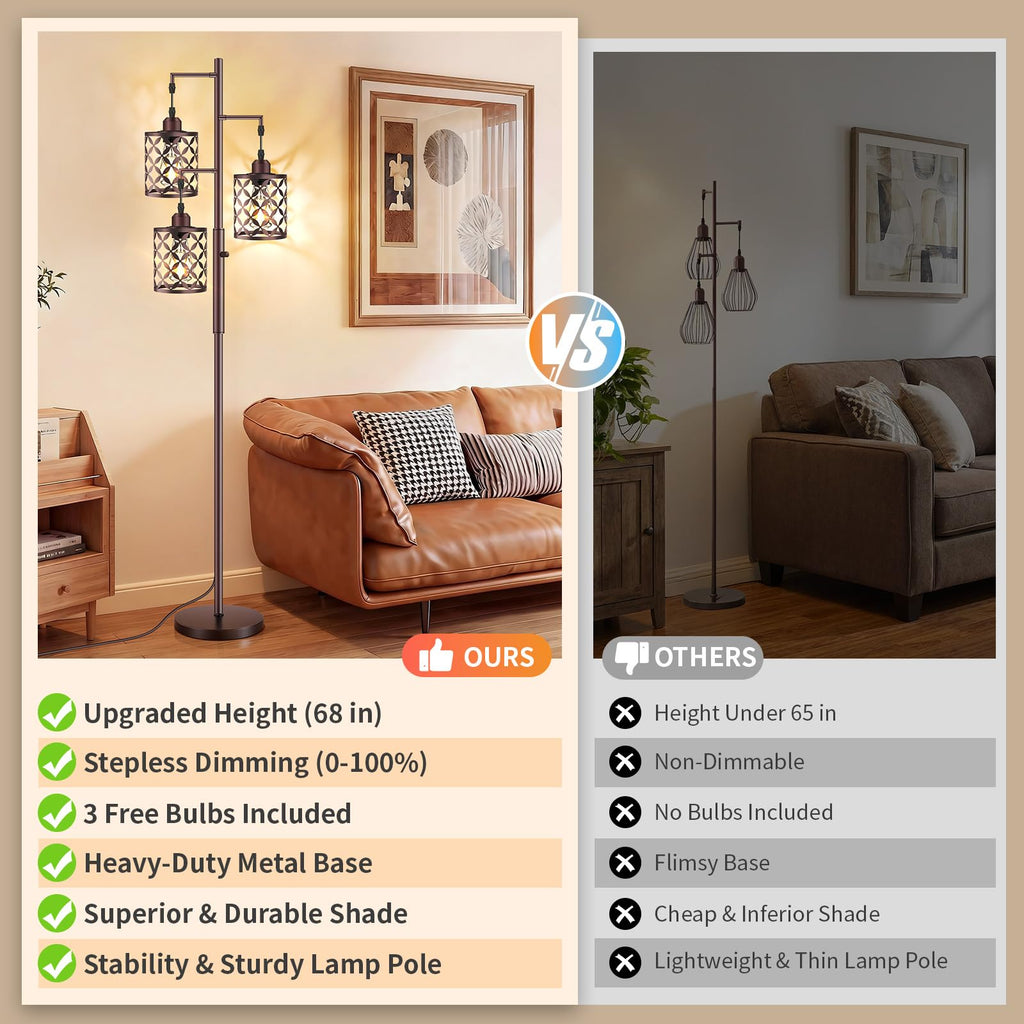 Industrial Tree Floor Lamp, 68" Dimmable Farmhouse Tall Standing Lamp with Quatrefoil Cutout Shades & Rotary Dimmer