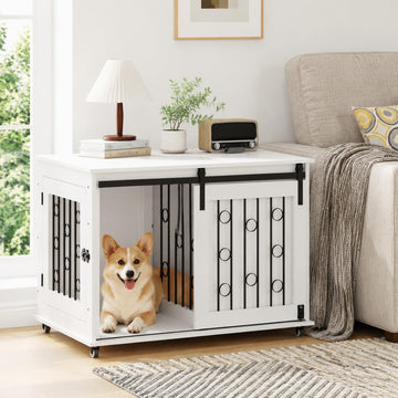Modern Wooden Dog Crate Furniture with Sliding Barn Door and Side Door