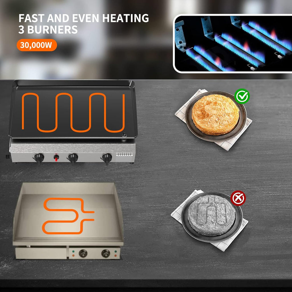 3-Burner Outdoor Propane Gas Griddle, 30,000 BTU Flat Top Grill with Side Shelves for Camping and BBQ
