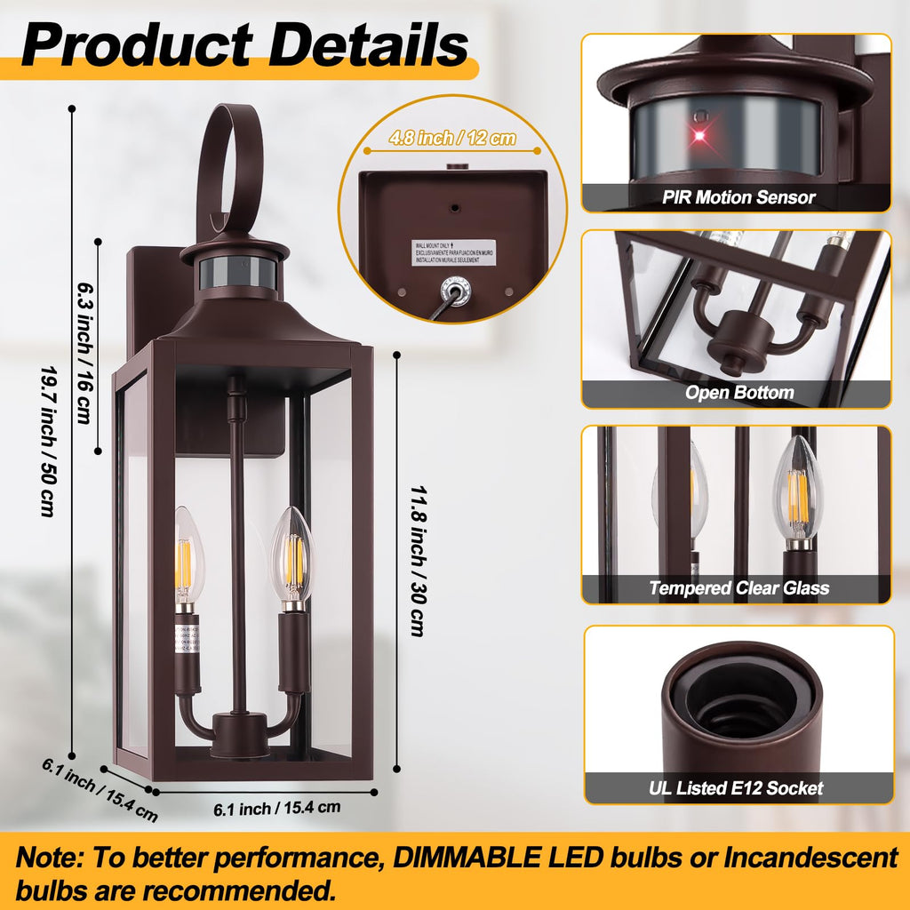 20" Large Oil Rubbed Bronze Motion Sensor Outdoor Wall Sconce Dusk to Dawn