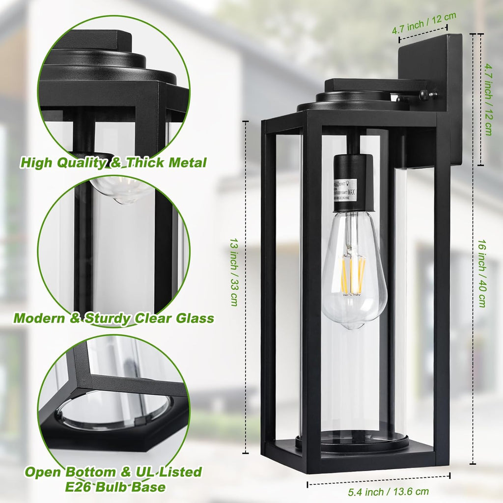 16inch Large Outdoor Wall Lights - 2 Packs Modern Black Exterior Light Fixture with Clear Glass Shade