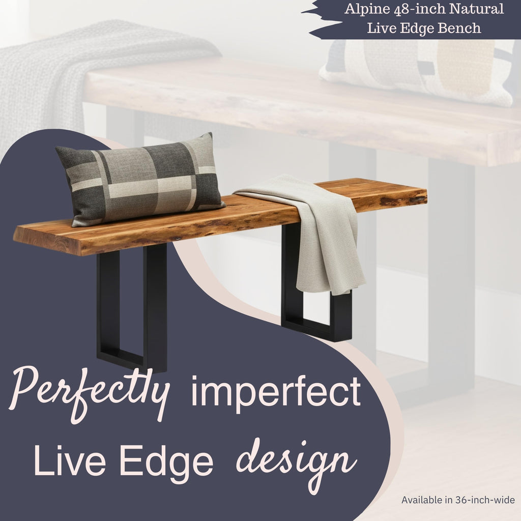 Alpine Live Edge Solid Wood Rustic Entryway Bench, Natural, 48"
