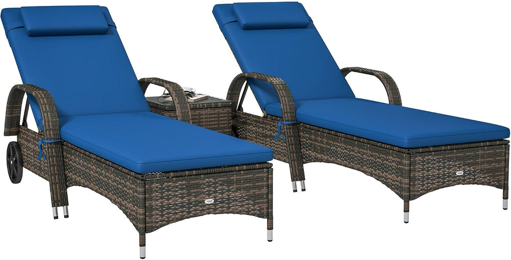 Wicker Outdoor Chaise Lounge Chair Set of 3 Blue | Side Table, 5-Level Adjustable Backrest, PE Rattan Pool Lounge
