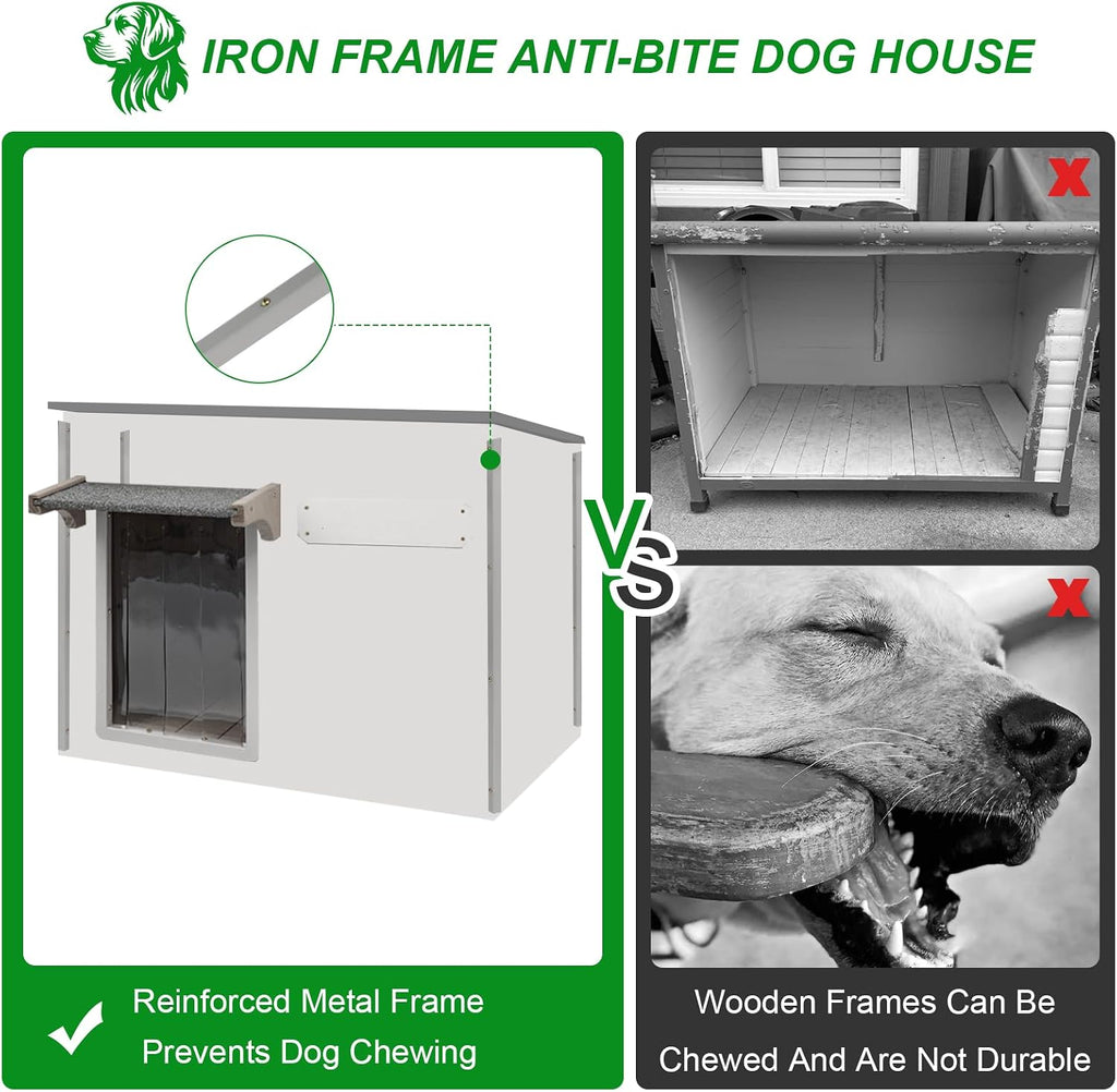 Dog House Outdoor Weatherproof & Wooden Dog Kennel with Chew-Proof Iron Frame, Removable Floor, Adjustable Vent