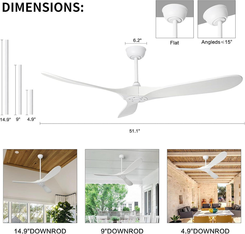 Inspired Maverick Style 52" White Ceiling Fans Without Lights, 52 Inch Outdoor Ceiling Fans no Lights, 3 Blade Solid Wood Waterproof Ceiling Fan with Remote Control for Indoor Outdoor Farmhouse/Patio Porch - White Blades A102-B0CMTJTWLL