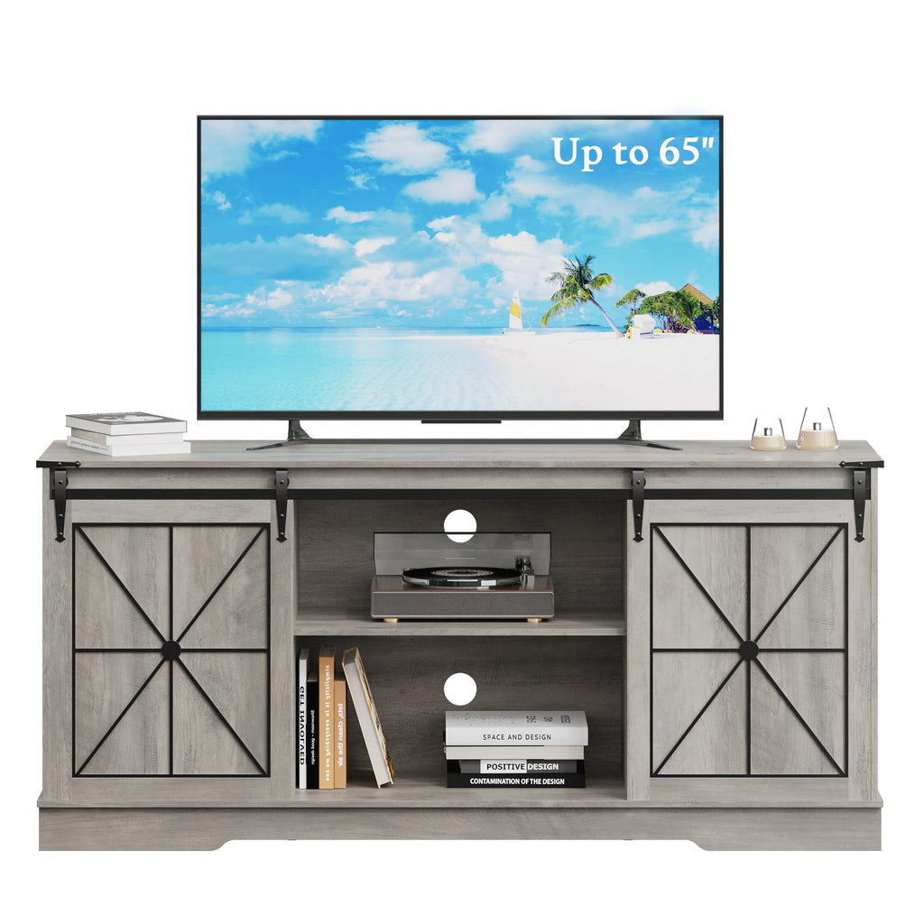 Farmhouse TV Stand for 65 Inch TV with Sliding Barn Doors Wood Gray