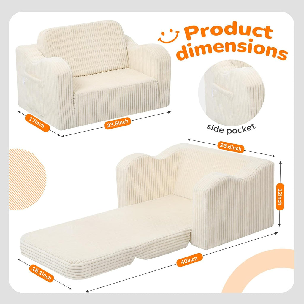 Kids Couch, in-1 Corduroy Fold Out Chair, Washable Foam, Beige