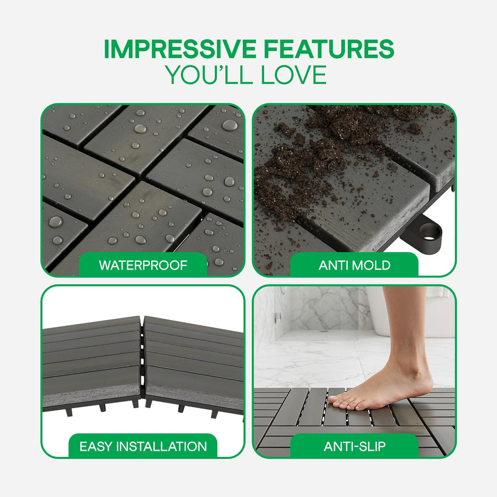 Interlocking Deck Tiles 9.6 SQFT - 10PCS Waterproof Acacia Wood Patio Tiles, Flooring Tiles for Indoor and Outdoor - 6