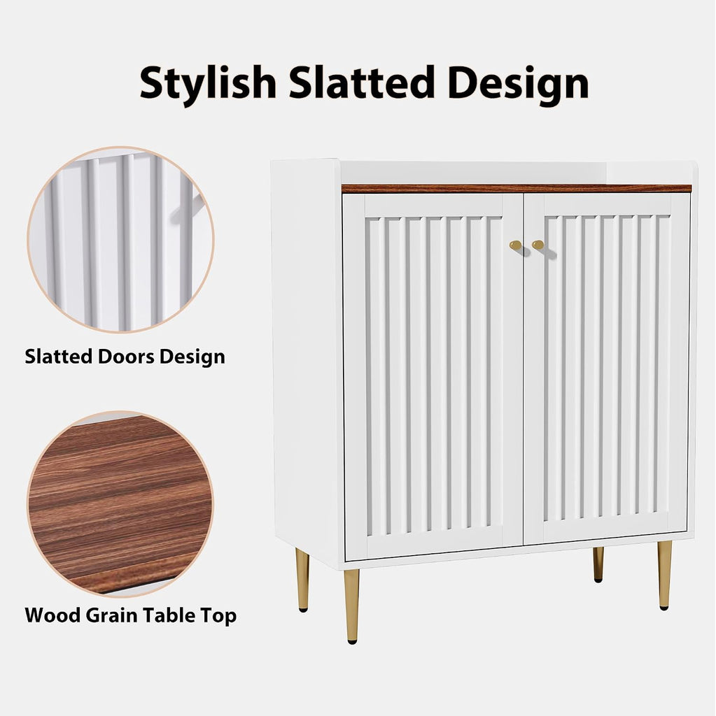 Modern 32 inch Wide Coffee Bar Cabinet with Wine Storage, Liquor Cabinet with Glass Holder & Grid Rack, Fluted