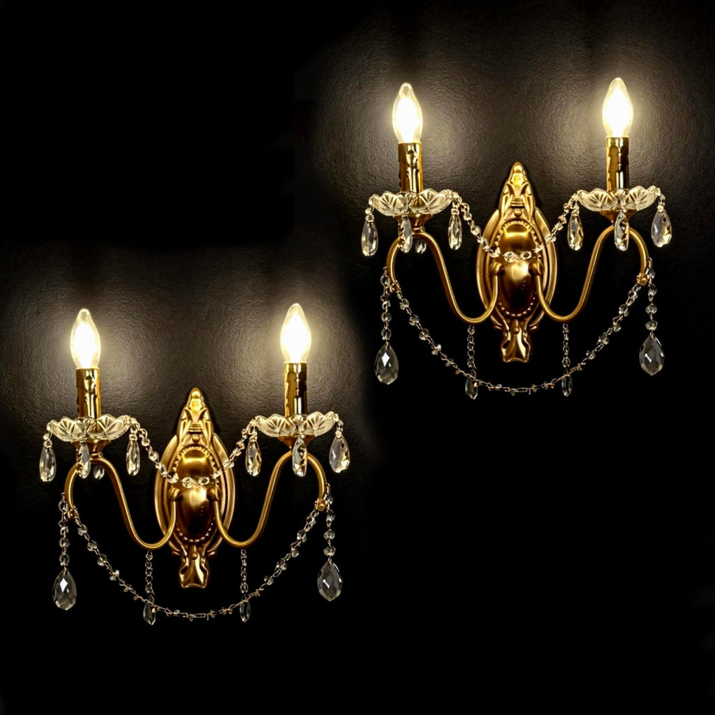 French Vintage Crystal Wall Sconce, Victorian 2-Light Gold Iron Finish, E12 Traditional Candle Style Wall Lamp Vanity