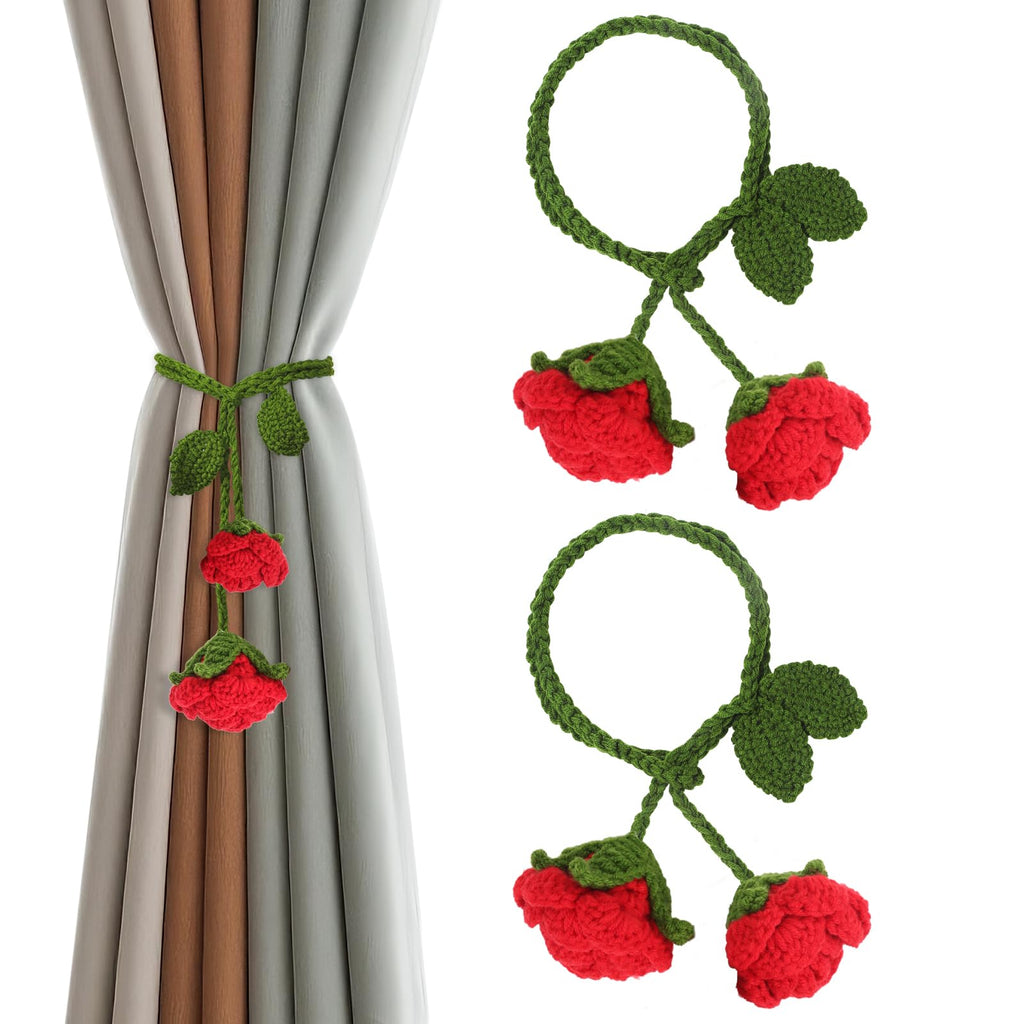 Boho Handmade Flower Curtain Tiebacks & Holdbacks, Red Roses - 2 Pack